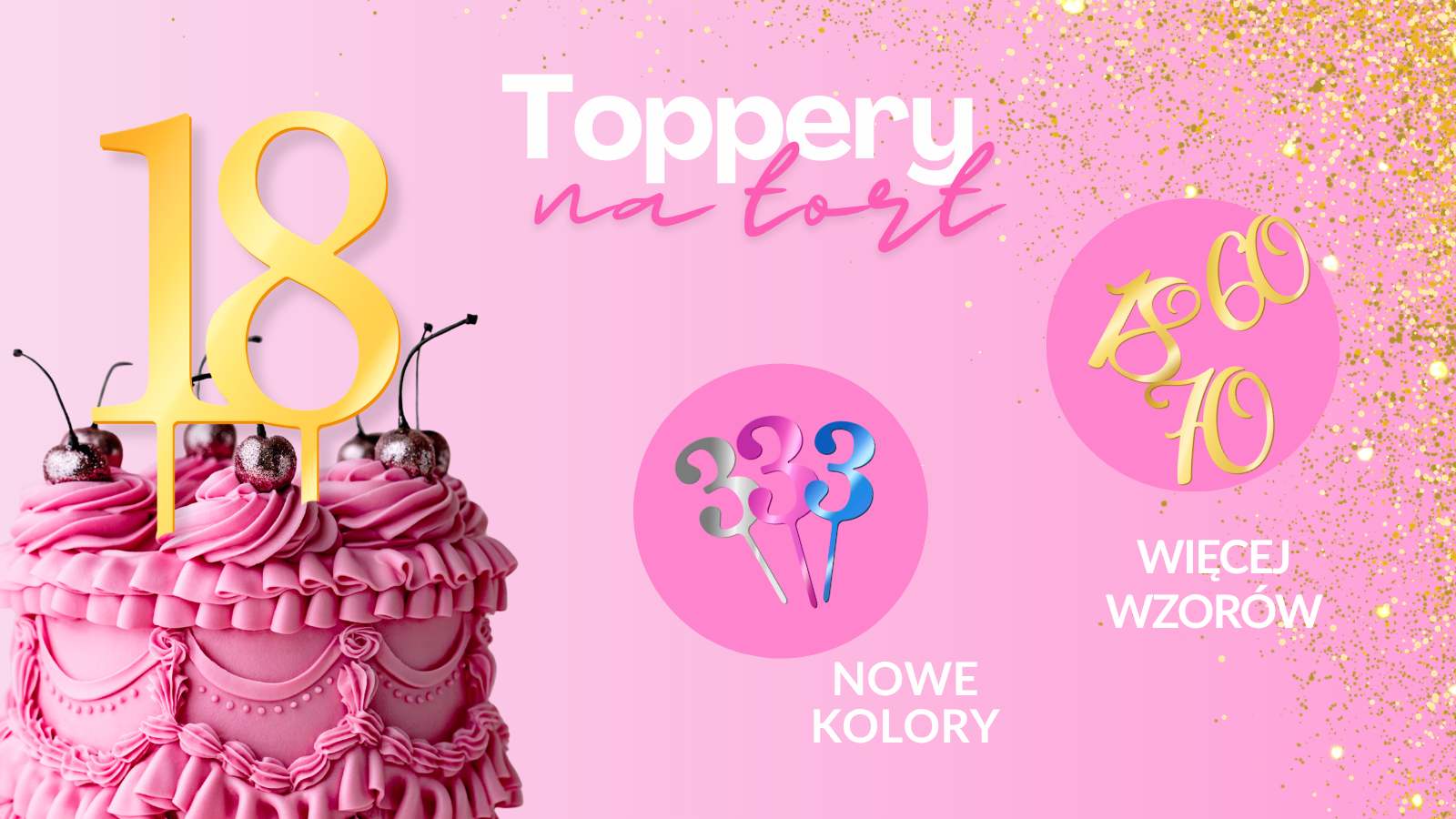Toppery na tort, topper 18 wbity w różowy tort, informacja o kolorach i wzorach.