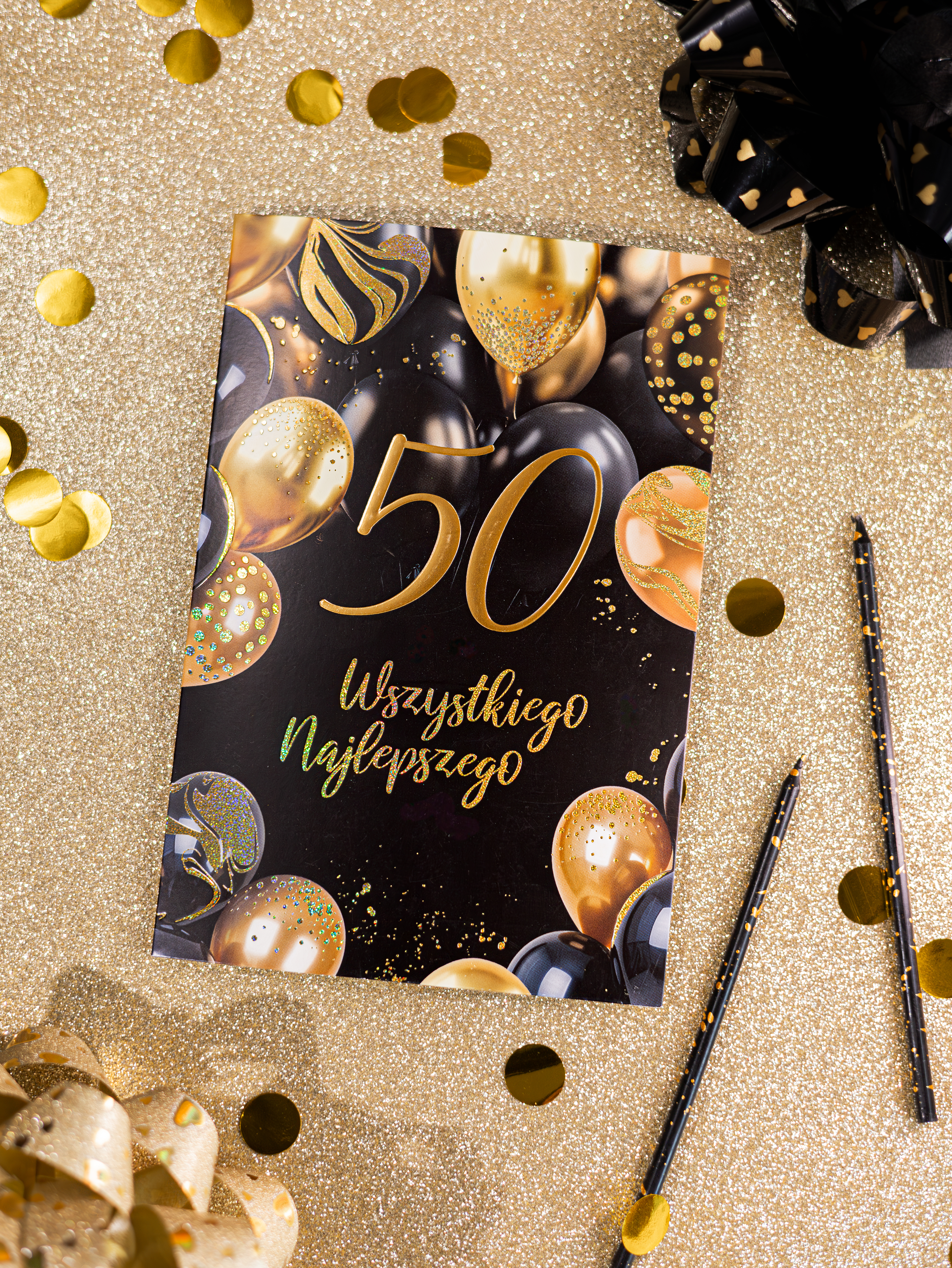 Elegancka kartka na urodziny 50 na brokatowym tle